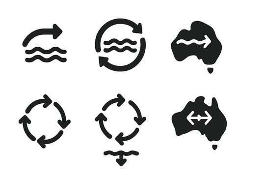 Global Ocean Currents Icons. Solid style icons of major global current zones: Gulf Stream Flow, Antarctic Circumpolar Current,