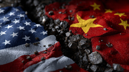 Artistic composition showing US and China flags separated by a fissure in the ground filled with rare earth ores, dramatic lighting reflecting geopolitical tension