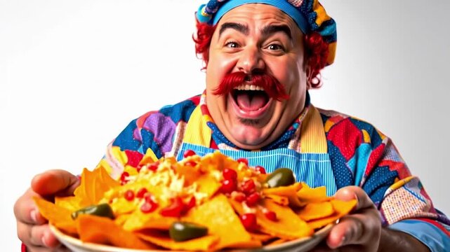 A man in an apron holding a plate of food with a mustache and moustache