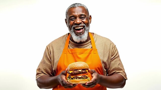 A man in an orange apron holding a hamburger in his hands