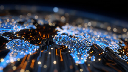 Futuristic concept of a processor with continents forming circuit pathways, glowing blue and orange lines, close-up highlighting global trade symbolism