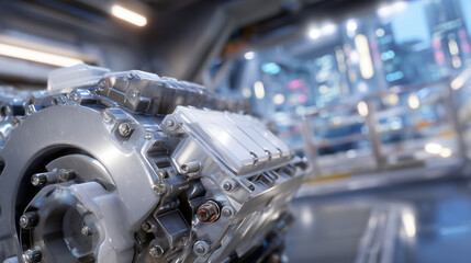 Fototapeta premium Detailed engine component in a production setting, clean metallic surfaces, bolts, and hydraulic connectors emphasized under ambient factory lighting