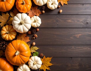 Autumn Harvest - Pumpkins, Leaves, and Nuts on Dark Wood.