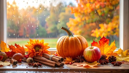 Autumn Still Life with Pumpkin, Apple, and Cinnamon Sticks.
