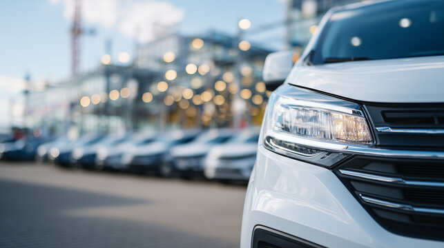 Macro lens close-up emphasizing front grills and headlights of multiple white minivans parked in parallel rows, urban parking lot in soft focus