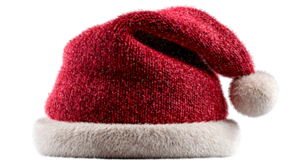 Perfectly shaped red Santa hat with sparkling fabric and white pom tip, photorealistic PNG look isolated on white background