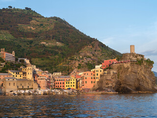 Naklejka premium Vernazza Coastal Italian Village Rocky Cliff Church Medieval Tower Harbor