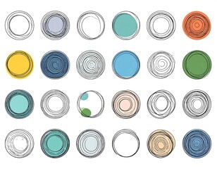 Array of circular abstract icons with hand-drawn lines and solid color fills