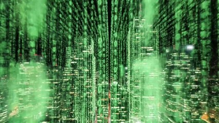 Cityscape view at dusk with illuminated skyscrapers and falling green digital code overlaying scene - Powered by Adobe