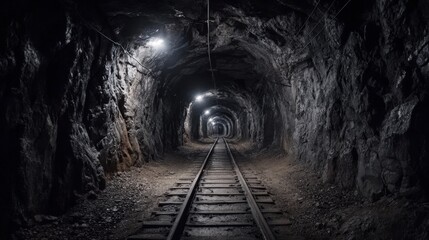 Naklejka premium Dark underground mining tunnel with steel rails and dim industrial lights illuminating wet rock walls. Concept of mining industry and hard labor underground