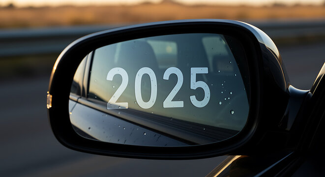 2025 reflected in a car side mirror with sunset in the background