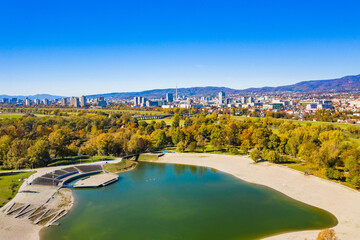 Panoramic view of Bundek lake in the city of Zagreb in autumn, Croatia 