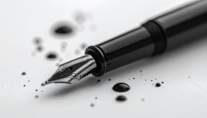 Fototapeta premium Black fountain pen with ink drops on clean white background, elegant and minimal composition