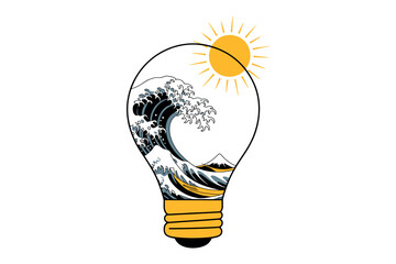 Creative light bulb filled with ocean wave and sun, symbolizing bright ideas and nature's power.