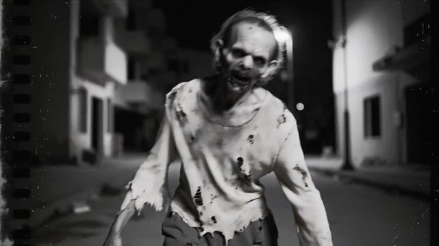Distorted horror movie clip of zombie man staggering forward black and white damaged film reel effect