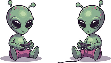 Cute green alien kid playing video games with controller, adorable extraterrestrial gamer cartoon character illustration for sci-fi art