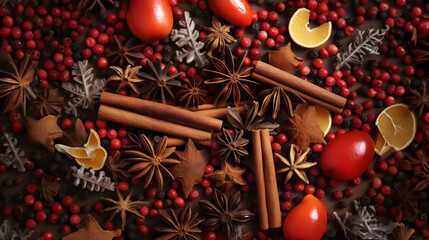 Christmas spices, fruit pieces, baubles, seeds and leaves abstract background. Square composition.