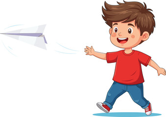 Happy cartoon boy throwing paper airplane, cheerful child illustration, playful kids activity concept, fun learning design for education