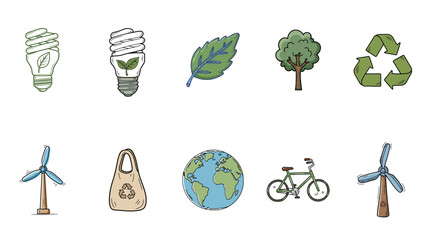 Hand-Drawn Eco-Friendly and Sustainability Icon Set.