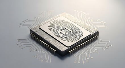 Central processing unit with fingerprint and A I symbol on a circuit board with light gray background