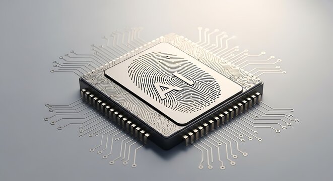 Central processing unit with fingerprint and A I symbol on a circuit board with light gray background