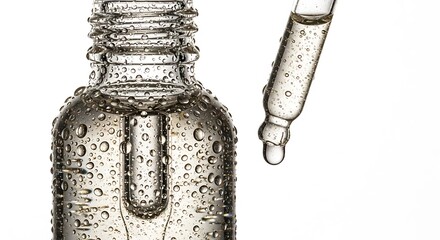 Glass dropper with clear liquid and water droplets on a clear glass bottle against a white background