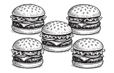Vintage Illustration of Multiple Burgers Hand Drawn Sketch