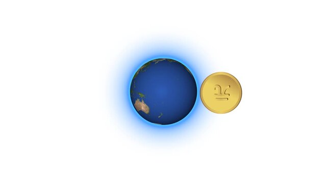 Animated globe rotates, showcasing various continents with a prominent gold chinese yuan coin