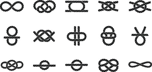 Collection of fifteen different rope knot vector. © InfinityIdeas Studio