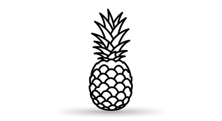Fototapeta premium Simple black outline of a pineapple with spiky green leaves on a white background with a subtle shadow