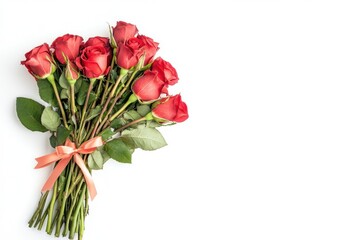 Obraz premium Elegant bouquet of red roses isolated on white, perfect for Valentine’s floral designs.