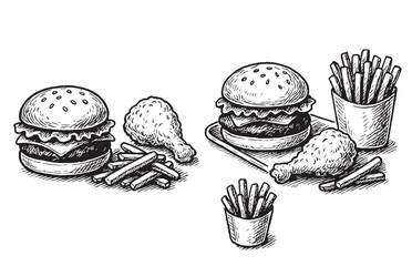 Vintage Fast Food Illustration of Burger, Fries and Fried Chicken