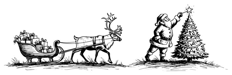 Santa Decorating Christmas Tree Beside Sleigh – Detailed Christmas Holiday Winter Vector Illustration