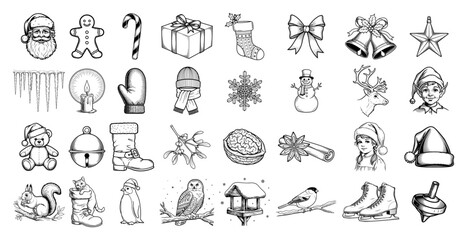 Hand Drawn Christmas Elements Icon Set – Detailed Christmas Holiday Winter Vector Illustration