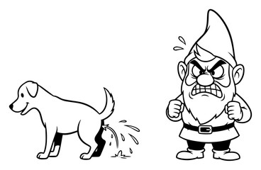 Dog Peeing on Angry Garden Gnome Cartoon – Detailed Christmas Holiday Winter Vector Illustration