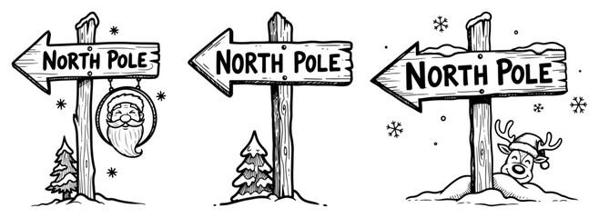 North Pole Direction Signposts Collection – Detailed Christmas Holiday Winter Vector Illustration