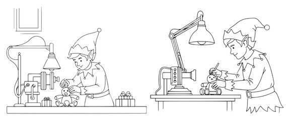 Obraz premium Christmas Elves Crafting Toys Workshop – Detailed Christmas Holiday Winter Vector Illustration