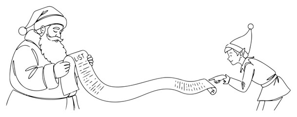 Santa Reading Extra Long Wish List with Elf – Detailed Christmas Holiday Winter Vector Illustration