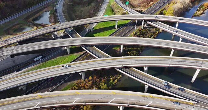 Fall afternoon aerial video of the Interstate 81 and Route 17 interchange north of Binghamton, NY.