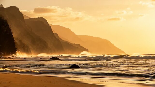 ai-generated video clip of the napali coast viewed from ke'e beach in kauai, hawaii at sunset with waves crashing against the jagged cliffs in the distance. video was generated from an original photog