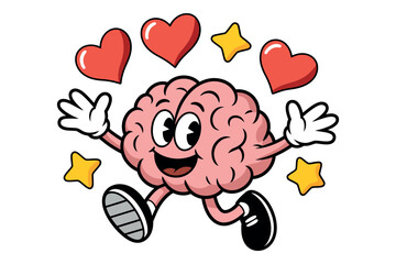 Joyful cartoon brain character with hearts and stars, radiating happiness and good vibes