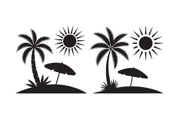 Obraz premium Tropical beach scene silhouettes with palm trees and sun