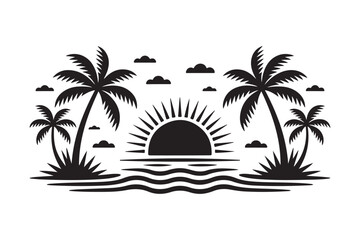 Tropical sunset silhouette with palm trees and ocean waves