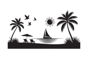 Silhouette of a tropical beach scene with palm trees and sailboat