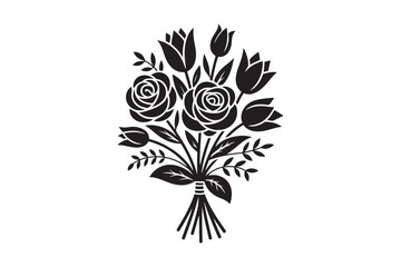 Black and white silhouette of a romantic rose and tulip bouquet