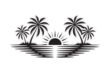 Tropical sunset silhouette with palm trees and ocean reflection