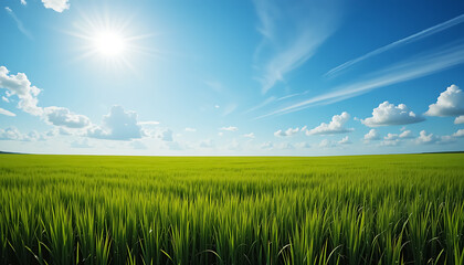 Obraz premium Vast Green Wheat Field Under a Bright Sunny Blue Sky with Clouds Keywords: wheat field, green