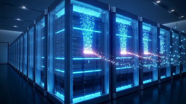modern futuristic data center interior with rows of glowing blue server racks and animated data flow visualization