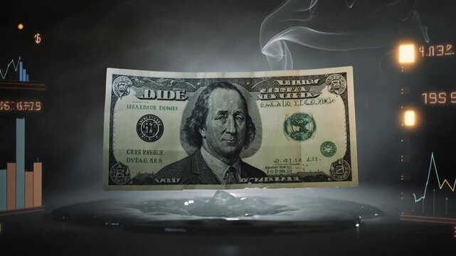 melting hundred dollar bill surrounded by smoke and data visualization inflation and debt crisis concept