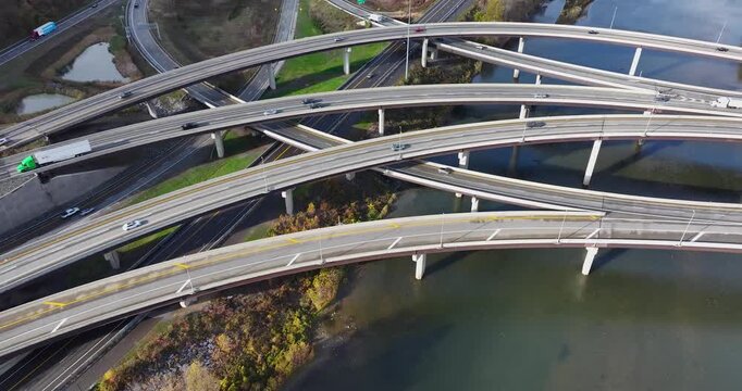 Fall afternoon aerial video of the Interstate 81 and Route 17 interchange north of Binghamton, NY.